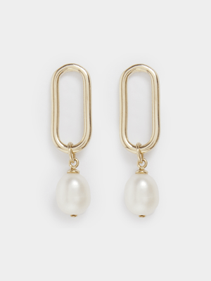 18ct Gold Plated Chain Link & Pearl Drop Earrings