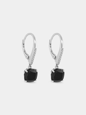 Sterling Silver Black & White Cubic Zirconia Cushion Drop Earrings
