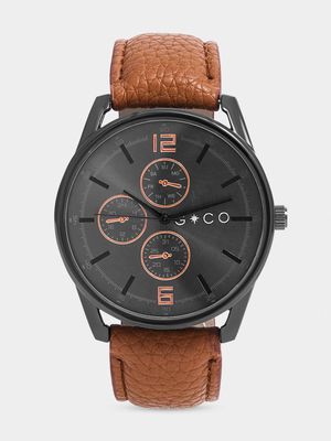 Mens Sporty Gunmetal with Tan Faux Leather Strap Watch