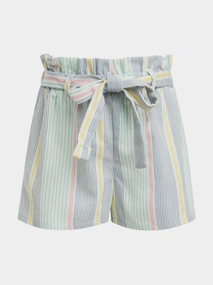 Older Girl's Multi Stripe Print Paperbag Shorts