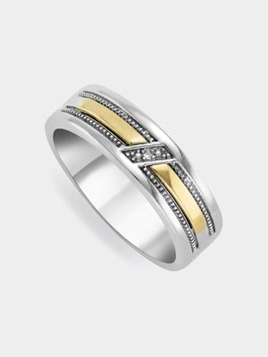 5ct Yellow Gold & Sterling Silver Diamond Diagonal Design Men’s Wedding Band