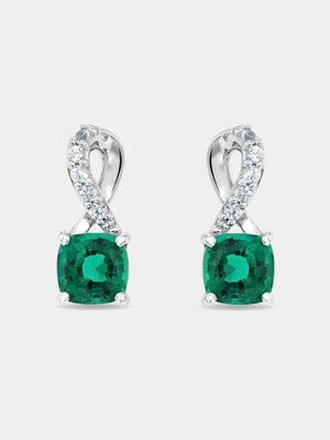 Sterling Silver Diamond & Created Emerald Cushion Forrest Women’s Stud Earrings