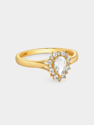 Yellow Gold Diamond & Created White Sapphire Pear Halo Ring