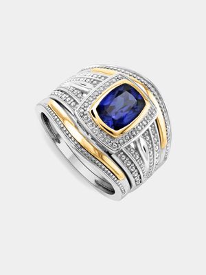 Yellow Gold & Sterling Silver Diamond & Created Blue Sapphire Women’s Dusk Triple Set Ring
