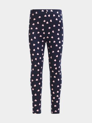 Jet Young Girls Navy Hearts Cotton Leggings