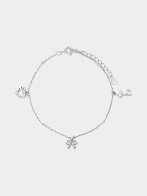 Sterling Silver Cubic Zirconia Heart, Bow & Giraffe Charm Bracelet