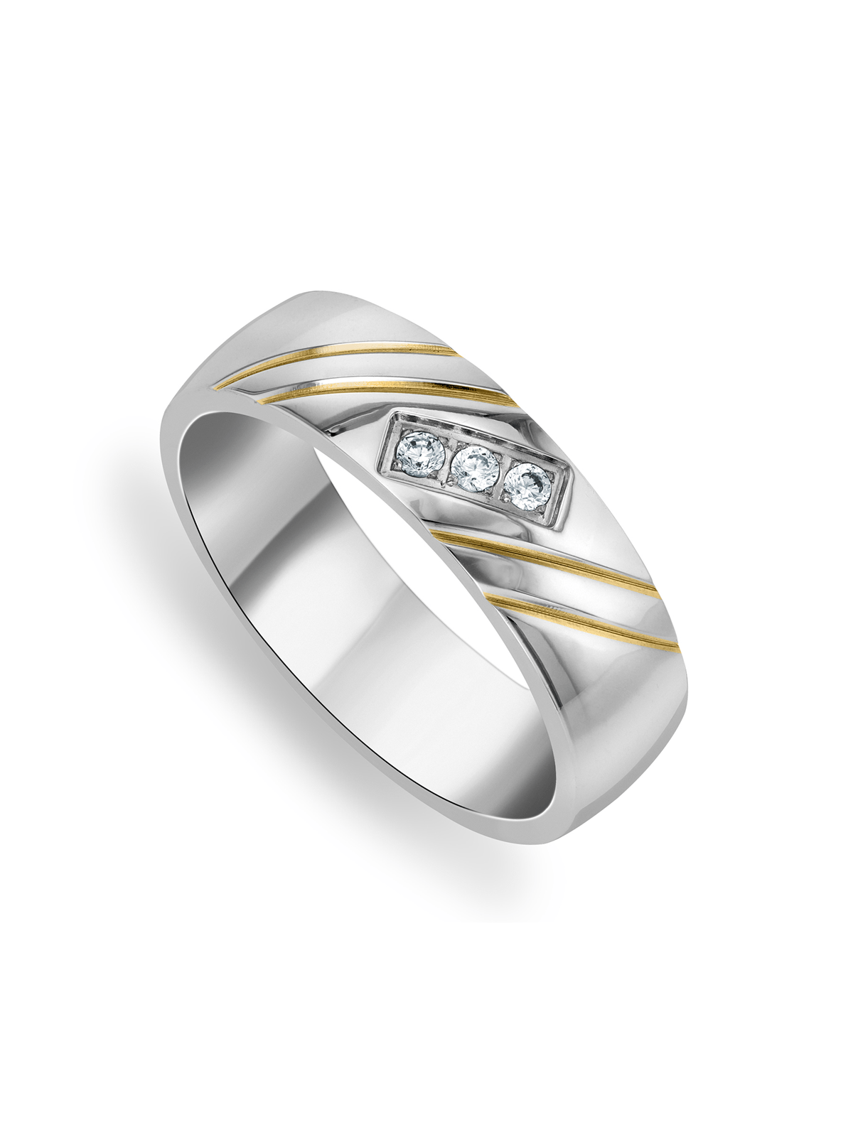 Room101 Stainless Steel Men's Square Ring - 6mm Width, Cubic Zirconia, Striped Design, Size 12