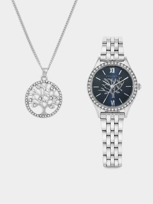 Minx Silver Plated Blue Tree of Life Bracelet Watch & Pendant Gift Set