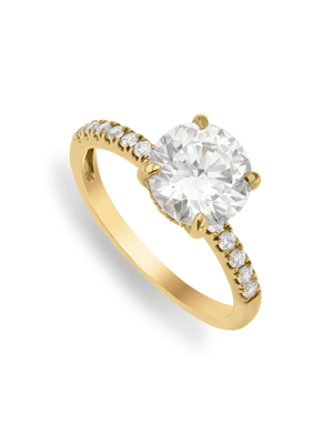 Yellow Gold & 2ct Created White Sapphire Secret Halo Round Solitaire Ring