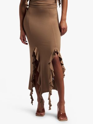 Women's Mocha Co-Ord Pencil Skirt With Slits And Frills