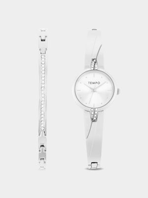 Tempo Ladies Silver Plated Bangle Watch & Bracelet Set