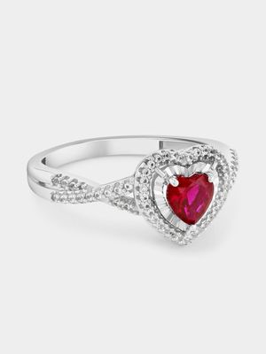 Sterling Silver Diamond & Created Ruby Heart Halo Ring