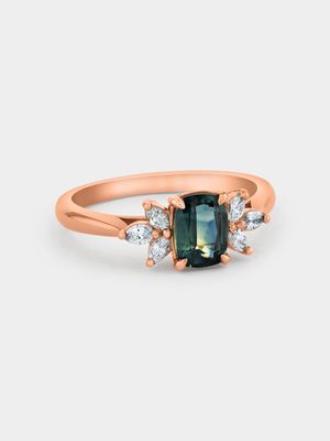 Rose Gold Diamond & Natural Teal Sapphire Cushion Embrace Women’s Ring