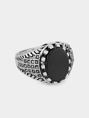 Stainless Steel Black Glass 2-Tone Oval Ring