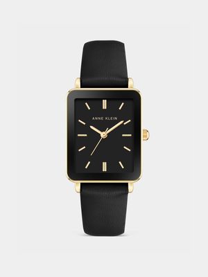 Anne Klein Gold Plated & Synthetic Black Leather Rectangular  Watch