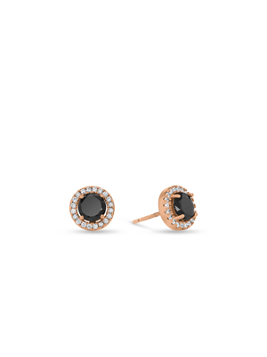 Rose Plated Sterling Silver Black Cubic Zirconia Halo Stud Earrings