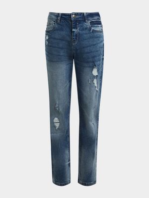 Younger Boy's Mid Wash Rip & Repair Straight Leg Jeans