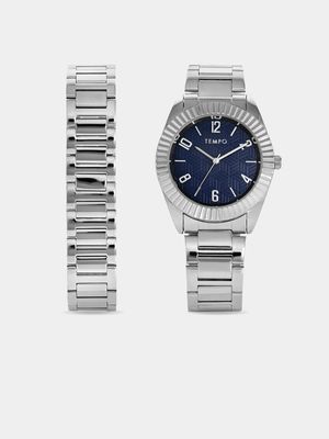 Tempo Men’s Silver Plated Blue Dial Bracelet Watch Set