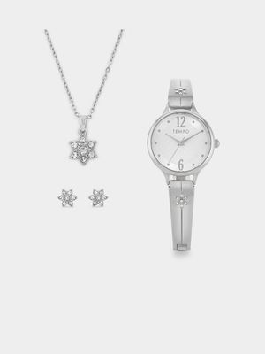 Tempo Silver Plated Bangle Watch, Flower Pendant & Stud Earrings Gift Set