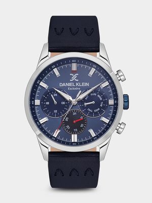 Daniel Klein Silver Plated Blue Dial Blue Leather Chronographic Watch