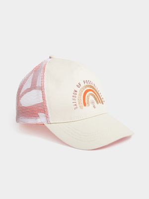 Girl's Cream Rainbow Print Peak Cap