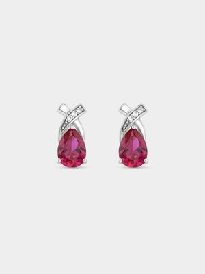 Sterling Silver Diamond & Created Ruby Pear Stud Earrings