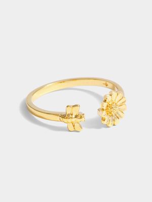 18ct Gold Plated Bee & Flower Open Ended Ring