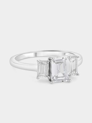 Sterling Silver Cubic Zirconia Emerald-Cut Trilogy Ring