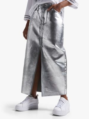 Women's Metallic Denim Midi Skirt