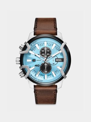 Diesel Griffed Blue Dial Brown Leather Chronograph Watch