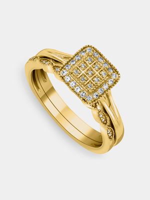 Yellow Gold Diamond & Created Sapphire Cushion Women's Mystery Twinset Ring