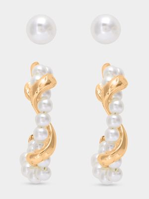 18ct Gold Plated with Pearl detail Twisted Hoop & Pearl Stud Set