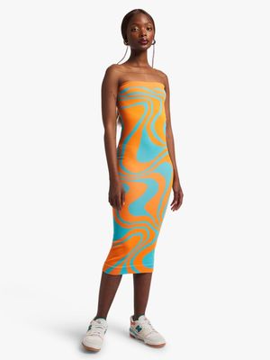 Women's Orange & Blue Swirl Print Seamless Bandeau Dress