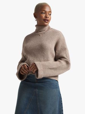 Women's Taupe Rolled Sleeve Polo Neck Jumper