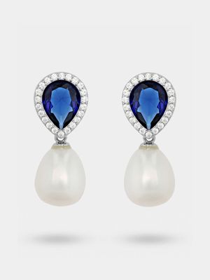 Sterling Silver Freshwater Pearl & Blue Cubic Zirconia Drop Earrings