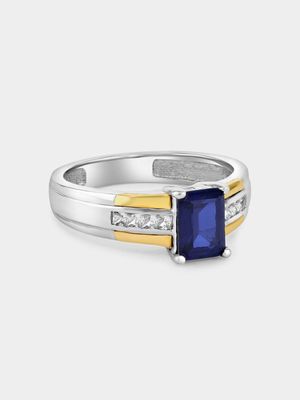 Yellow Gold & Sterling Silver Diamond & Created Blue Sapphire Rectangle Ring