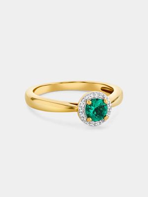 Yellow Gold Diamond & Created Emerald Round Halo Ring