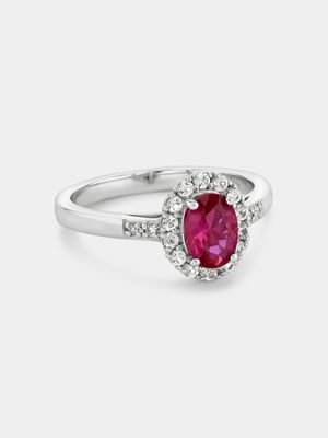 Sterling Silver Diamond & Created Ruby Oval Halo Ring