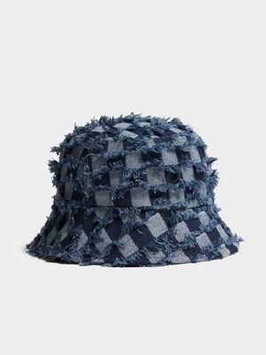 Men's Medium Wash Frayed Denim Bucket Hat