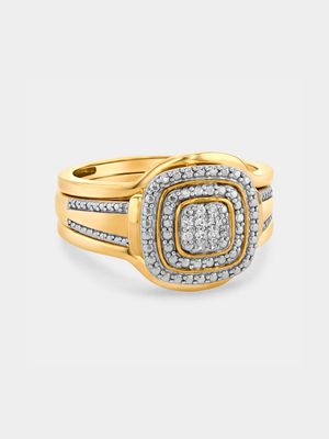 Yellow Gold Diamond & Created Sapphire Cushion Halo Triple Set Ring