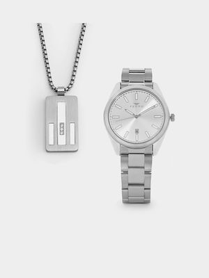 Ferro Men’s Silver Plated Bracelet Watch & Pendant Set