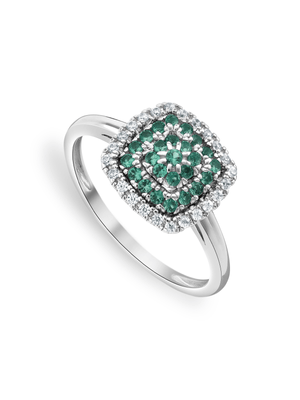 Sterling Silver Emerald Green Nano Gemstone Cushion Halo Women’s Ring