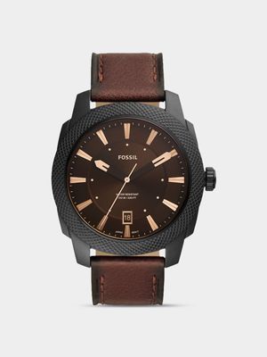 Fossil Men's Machine Black Plated Stainless Steel & Brown Leather Watch