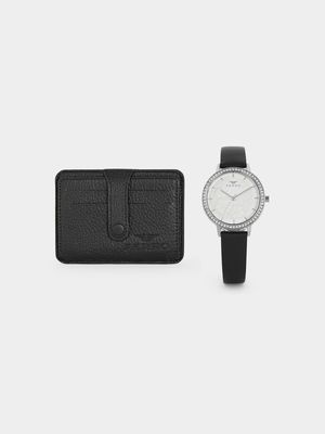 Ferro Women’s Silver Plated Black Leather Watch & Wallet Set