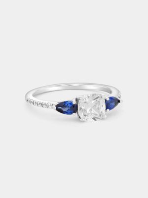 Sterling Silver Sapphire Blue Cubic Zirconia Cushion Pear Ring