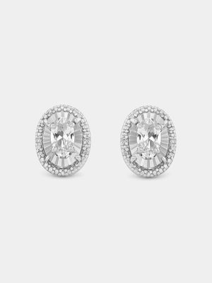 Sterling Silver Diamond & Created Sapphire Oval Illusion Stud Earrings