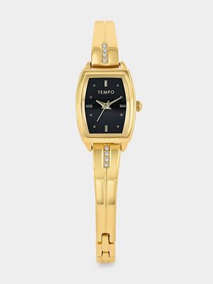 Tempo Gold Plated Black Tonneau Dial Bangle Watch