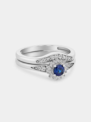 Sterling Silver Diamond & Created Blue Sapphire Starburst Twinset Ring