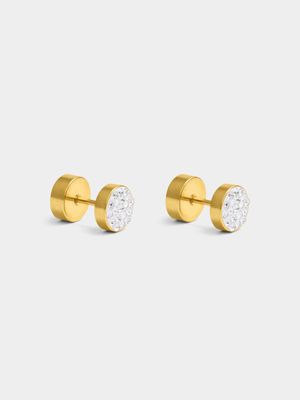 Stainless Steel 8mm Gold with CZ Dumbell Stud Earrings