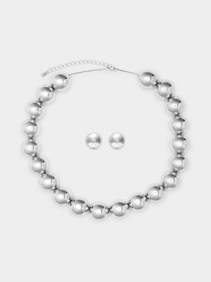 Silver Tone  Chunky Ball Necklace & Stud Set